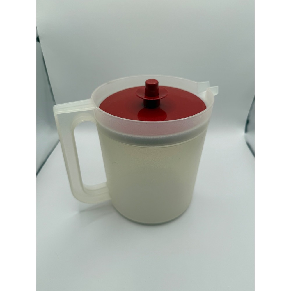 Tupperware 1 Gallon Pitcher Frosted White with Red Push Button Lid 4 Quart 1676